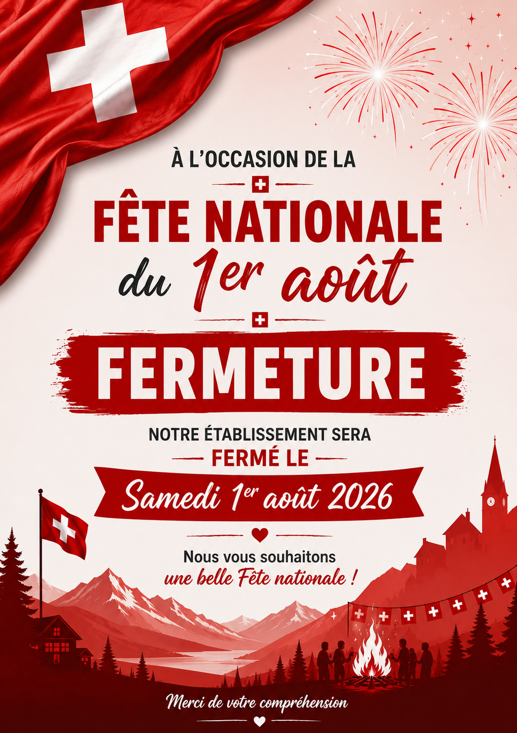 Fermeture le samedi 1er août 2026 pour la Fête nationale suisse - Centre Tir