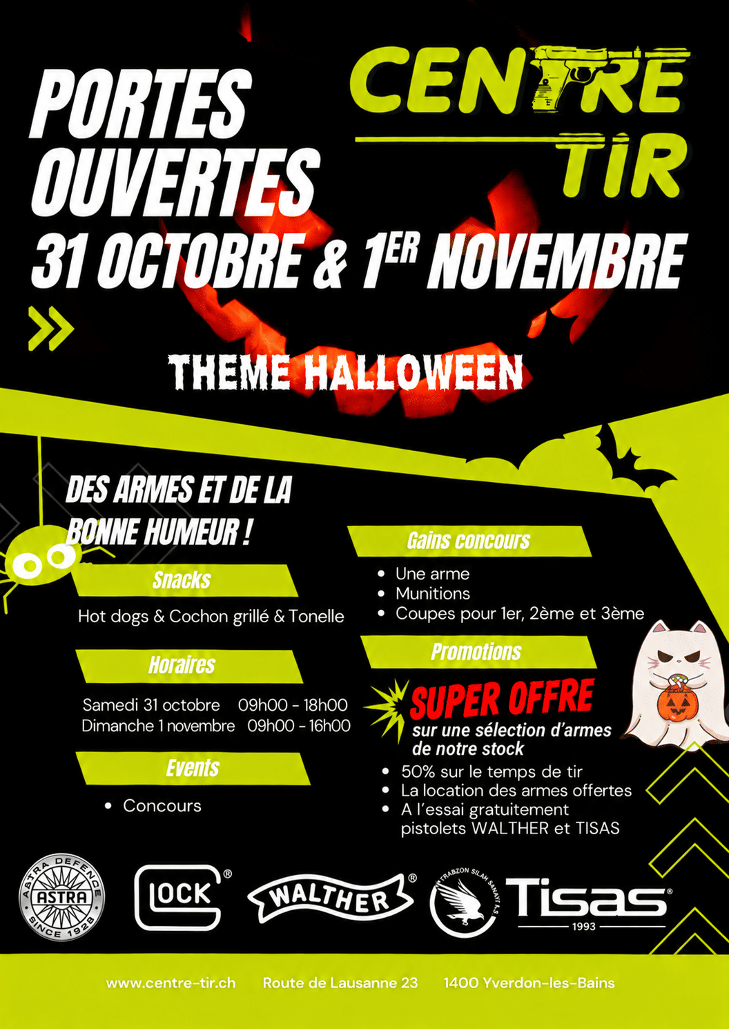 Portes ouvertes au Centre Tir les samedi 31 octobre (9h-18h) et dimanche 1er novembre (9h-16h) 2026, thème Halloween : concours, snacks et promotions